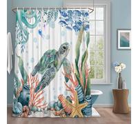 Summer Ocean Turtle Shower Curtain with 12 Hooks Nautical Colorful Sea Fish Octopus Coral Seashell Waterproof Fabric Shower Curtains Sets for Bathroom Bath Decorations, Machine Washable, 72"x72"
