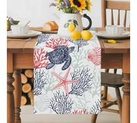 Summer Ocean Turtle Table Runner 13x36 Inches Long Red Blue Coral Cotton Linen Table Runner Burlap Style for Dinner Table Party Decor Tabletop Decorations
