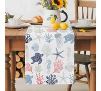 Summer Ocean Turtle Table Runner 13x72 Inches Long Red Coral Blue Jellyfish Cotton Linen Table Runner Burlap Style for Dinner Table Party Decor Tabletop Decorations