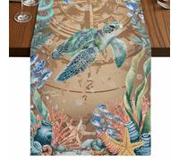 Summer Ocean Turtle Table Runner, Nautical Colorful Sea Fish Octopus Coral Compasses Cotton and Table Linen Runner for Kitchen Dining Home Decor for Party Festival Holiday Decoration Gift 13x90in
