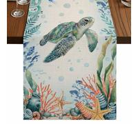 Summer Ocean Turtle Table Runner, Nautical Colorful Sea Fish Octopus Coral Linen Cotton and Table Linen Runner for Kitchen Dining Home Decor for Party Festival Holiday Decoration Gift 13x72in