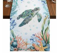 Summer Ocean Turtle Table Runner, Nautical Colorful Sea Fish Octopus Coral Seashell Cotton and Table Linen Runner for Kitchen Dining Home Decor for Party Festival Holiday Decoration Gift 13x48in