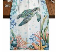 Summer Ocean Turtle Table Runner, Nautical Colorful Sea Fish Octopus Coral Wood Grain Cotton and Table Linen Runner for Kitchen Dining Home Decor for Party Festival Holiday Decoration Gift 14x72in