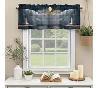 Summer Ocean Valances for Windows, White Lighthouse Bright Moon Coastal Landscape Rod Pocket Valance Short Window Treatments Curtains for Kitchen Bathroom Bedroom Decor, 60 x 18 Inches