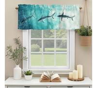 Summer Ocean Waves Valances for Windows, Blue Shark Watercolor Animal Rod Pocket Valance Short Window Treatments Curtains for Kitchen Bathroom Bedroom Decor, 42 x 12 Inches