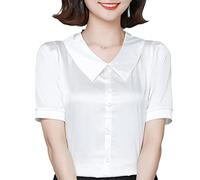 Summer Office Ladies Work Shirt Women Short Sleeve V Neck Satin Silk Shirt Blouse Tops White M