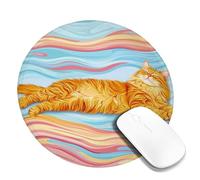 Summer Orange Cat Art Desk Mouse Pad, Colorful Swirl Pattern Stitched Edge Mousepad, Rubber Non-Slip Washable Gaming Mouse Pad for Home and Office Computer, Laptop Round 8x8 Inch