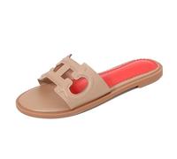 Summer Outer Wear Flat Slippers One Word Beach Sandal Mop Travel Flat Women's Shoes(Almond,6 UK)