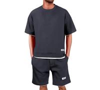 Summer Outfit Men Casual Waffle Tracksuit Leisure Jogging Suit Round Neck Short Sleeve T-Shirt Baggy Running Shorts Lightweight Breathable 2 Pice Set Navy,Black,Grey,White,Khaki,Beige,Orange,Dark Gray