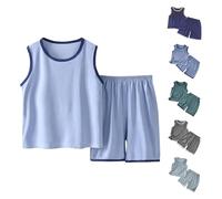 Summer Outfits for Boys Sleeveless Sport Vest Tops and Elastic Waist Shorts 2 Piece Ice Silk Clothing Sets for Teen Size 14-16 Oversized Thin Breathable Outfit Toddler Solid Colour (Blue, 9-10 Years)