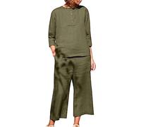 Summer Outfits For Women Casual 2 Piece Outfits Plus Size Cotton Linen Outfits 3/4 Sleeve Tunic Tops Pants Clubbing Outfits Button Crewneck Tops Baggy Trouser Suit Plus Size Ladies Sets Green M