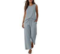 Summer Outfits for Women UK 2 Piece Outfit Going Out Holiday Travel Co Ord Set Plus Size Sleeveless Cotton Linen Vest Tops and Drawstring Straight Leg Beach Trousers Lounge Wear Set