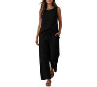 Summer Outfits for Women UK 2 Piece Outfit Going Out Holiday Travel Co Ord Set Plus Size Sleeveless Cotton Linen Vest Tops and Drawstring Straight Leg Beach Trousers Lounge Wear Set