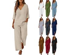 Summer Outfits for Women UK V-Neck Short Sleeve T-Shirt & Straight Leg Pants with Drawstring Solid Colour Lightweight Vacation Outfits for Women Walking Running Yoga Leisure Wear Size XXL