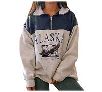 Summer Oversized Sweatshirts for Women Alaska Print 1/4 Zip Neck Pullover Ladies Loose Fit Color Block Sweatshirt, XS Blue