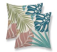 Summer Palm Leaf Pillow Covers 18x18 Set of 2, Pink Teal Blue Tropical Leaf Outdoor Decorative Throw Pillow Covers Green Blue Botanical Farmhouse Cushion Case Linen Square Decor for Home Couch Sofa