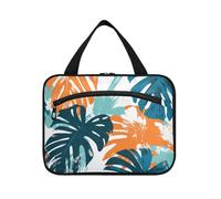 Summer Palm Leaves Green Orange Hanging Makeup Travel Bag with Hook, Designer Washable Large Capacity Makeup Bag for Women Traveling Cruises Porta cosmeticos Mujer para cartera L