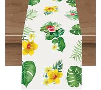 Summer Palm Leaves Tropical Table Runner, Linen Monstera Table Runner, Seasonal Spring Farmhouse Kitchen Dining Table Runners Hawaii Decoration for Home Party Decor Indoor Outdoor 13x72 Inch