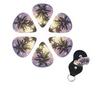 Summer Palm Tree Guitar Picks 6 Pack, 0.71mm Thickness Celluloid Bass Pick with Leather Guitar Pick Holder Keychain Abstract Art Pics Plectrum for Acoustic Electric Guitar, Ukulele, Bass