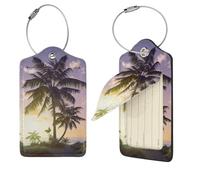 Summer Palm Tree Luggage Tag 1PCS PU Leather Suitcase Tags Identifiers Travel Tags with Privacy Protection and Stainless Steel Loop Luggage Bag Tag for Women Men