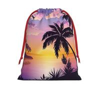 Summer Palm Tree Print Christmas Drawstring Gift Bags, Xmas Holiday Fabric Gift Wrapping Bag For Party, Size-L
