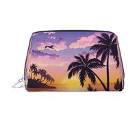 Summer Palm Tree Print Premium Leather Toiletry Travel Pouch with Waterproof Portable Pouch Open Flat Makeup Bag