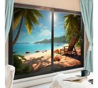 Summer Palm Tree Privacy Window Film Beautiful Beach Blue Ocean Landscape Stained Glass Window Coverings No Glue Static Cling Window Film for Home Room 90x160cm x 2 Pcs