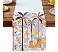 Summer Palm Trees Table Runner, Abstract Vintage Boho Pink Brown Blue Buildings Cotton and Table Linen Runner for Kitchen Dining Home Decor for Party Festival Holiday Decoration Gift 13x36in