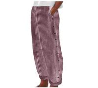 Summer Pants for Women 2025 Striped Print Side Button Straight Wide Leg Palazzo Pants Casual Lounge Trousers Pockets Wine,M