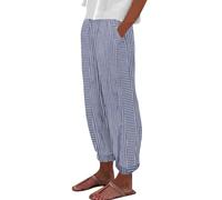 Summer Pants for Women 7/8 Stripe Print Side Button Trendy Pants Baggy Elastic Waist Straight Leg Comfy Trousers Lightweight Casual Travel Pants Sale Clearance Blue