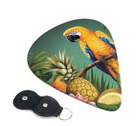 Summer Parrot Pineapple Bird Guitar Picks 6 Pack with Leather Guitar Pick Holder Keychain, Plectrum Key Fob Cases Bag, Abstract Art Plectrum for Acoustic Electric Guitar, Ukulele 0.46mm