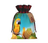 Summer Parrot Pineapple Birds Christmas Gift Bags with Tags & Ribbon Ties, Buffalo Plaid Santa Sack Xmas Treat Pouch Party Favor Bags Drawstring Christmas Sacks for Holiday Presents Storage Small