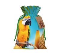 Summer Parrot Pineapple Birds Christmas Gift Bags with Tags & Ribbon Ties, Personalized Santa Sack Xmas Treat Pouch Party Favor Bags Drawstring Christmas Sacks for Holiday Presents Storage Medium
