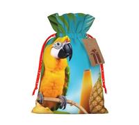 Summer Parrot Pineapple Birds Christmas Gift Bags with Tags & Ribbon Ties, Personalized Santa Sack Xmas Treat Pouch Party Favor Bags Drawstring Christmas Sacks for Holiday Presents Storage Small