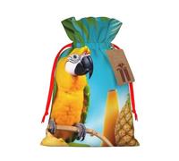 Summer Parrot Pineapple Birds Christmas Gift Bags with Tags & Ribbon Ties, Personalized Santa Sack Xmas Treat Pouch Party Favor Bags Drawstring Christmas Sacks for Holiday Presents Storage Small