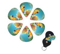 Summer Parrot Pineapple Birds Guitar Picks 6 Pack, 0.46mm Thickness Celluloid Bass Pick with Leather Guitar Pick Holder Keychain Abstract Art Pics Plectrum for Acoustic Electric Guitar, Ukulele, Bass