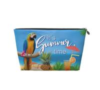Summer Parrot Pineapple Birds Leather Travel Toiletry Bag, Makeup Cosmetic Pouch with All-Over Print,Leather Material,Water-Resistant,Large Capacity Organizer for Women Men