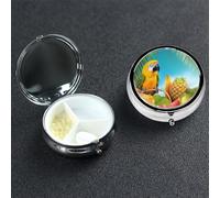 Summer Parrot Pineapple Birds Pill Box with Mirror 3 Compartment Decorative Pill Case for Purse or Pocket Small Round Pill Organizer Weekly Metal Medicine Tablet Vitamin Holder Travel Gift