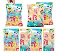 Summer Party Favor Bags, 50Pcs Flip-flops Beachballs Seashells "HELLO SUMMER" Print Plastic Goodie Candy Snack Treat Gift Bag for Hawaii Luau Tropical Beach Pool Birthday Last Day of School Supplies