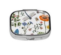 Summer Pattern Botanical Plants Insects Flowers in Vintage Style,Meta Pill Box 2 Compartment Medicine Case,Portable Organizer