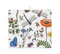 Summer Pattern Plants Insects Flowers in Vintage, Dish Drying Mat, 18x16 Inch Absorbent Microfiber Quick Dry Machine Washable for Dishes Pots Pans Glassware Coffee Bar Under Rack