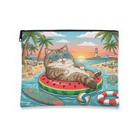 Summer Persians Cat Beach Makeup Bag 7x9 Inch for Travel Purse, Coastal Kitten Beachy Swim Pattern Cosmetic Pouch for Women, Tropical Portable Canvas Zipper Organizer