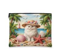 Summer Persians Cat Beach Makeup Bag 7x9 Inch for Travel Purse, Palm Coastal Kitten Beachy Cosmetic Pouch for Women, Tropical Portable Canvas Zipper Organizer Toiletry Pouch