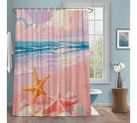 Summer Pink Beach Shower Curtain with 12 Hooks Nautical Coastal Dreamy Starfish Shell Sky Clouds Waterproof Fabric Shower Curtains Sets for Bathroom Bath Decorations, Machine Washable, 66"x72"