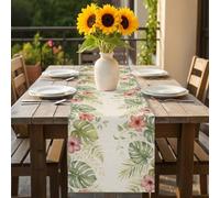 Summer Plant Table Runner 16x72 inch Red Hibiscus Flower Tropical Palm Trees Leaf Linen Texture Cotton Linen Dining Table Runner Ideal for Dresser Kitchen Coffee Tables - Machine Washable