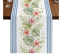 Summer Plant Table Runner, Red Flower Tropical Palm Trees Leaf Botanical Blue Stripes Cotton and Table Linen Runner for Kitchen Dining Home Decor for Party Festival Holiday Decoration Gift 14x72in