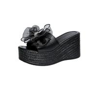 Summer Platform Sandals for Women Wedge Sandals Women's Spring/Summer Korean Edition Bow Heel Elevated External Wearing Mouth Slippers Sliders Womens Size 4 Black Slippers 8/9 (Black, 36)