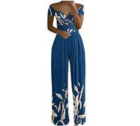 Summer Playsuits for Women Elegant Off The Shoulder with Sleeve Jumpsuits Dressy V Neck High Waisted Rompers Loose Fit Floral Print Wide Leg One Piece Jumpsuit for Party/Vacation