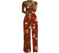 Summer Playsuits for Women Elegant Off The Shoulder with Sleeve Jumpsuits Dressy V Neck High Waisted Rompers Loose Fit Floral Print Wide Leg One Piece Jumpsuit for Party/Vacation