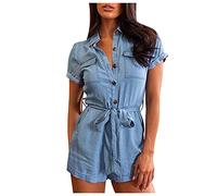 Summer Playsuits for Women Uk, Short Lapel Pants Loose Solid Short-sleeved Casual Denim (Light Blue XXL)